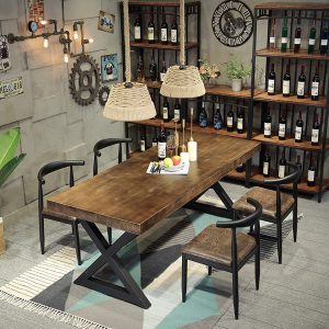 Bàn ghế Phong cách Mỹ cũ Bàn dài nhà hàng cửa hàng lẩu Bàn ăn sắt rèn ghế cafe bar Bàn ăn gỗ nguyên khối - Hình 3