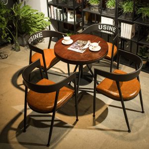 Bàn ghế Quán cà phê Bàn ăn gỗ đặc Bàn ghế thanh sắt rèn phong cách cổ điển Mỹ cửa hàng món tráng miệng Bàn tròn nhỏ giản dị - Hình 2