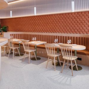 Bàn ghế Quán cà phê hiện đại gỗ rắn sofa giải trí Bàn ghế chủ đề nhà hàng tráng miệng quán trà sữa dựa vào tường ghế thương mại