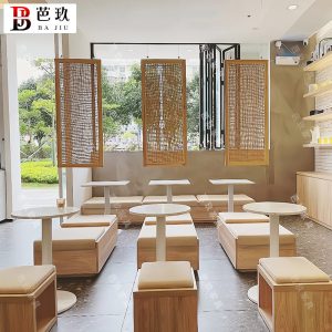 Bàn ghế Quán cà phê quán trà sữa ghế sofa lưới màu đỏ cửa hàng tráng miệng cửa hàng bánh dải dài kho phân gỗ dựa vào tường Bàn ghế - Hình 4