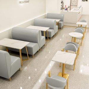 Bàn ghế quán mì cay – Thiết kế sofa kết hợp ghế ăn, dùng cho quán trà sữa, ăn nhanh, bánh bao, tráng miệng