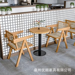 Bàn ghế Quán trà sữa nổi tiếng Bàn ghế gỗ đặc phong cách cổ điển kiểu Mỹ quán cà phê nhà hàng thanh giải trí dựa vào tường ghế ăn mây