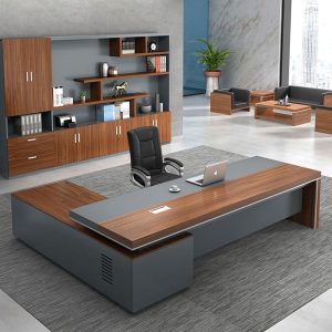 Bàn làm việc chữ L, bàn điều hành nhập khẩu, bàn làm việc màu óc chó, bàn giám đốc chân inox - Hình 2