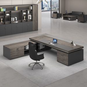 Bàn làm việc màu óc chó, bàn làm việc chữ L, bàn giám đốc gỗ tự nhiên, bàn giám đốc chân inox - Hình 4