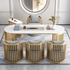 Bàn trà bằng đá cẩm thạch kiểu Trung Quốc mới tích hợp bộ đẹp sang trọng lưới màu đỏ Bàn trà bộ Bàn trà văn phòng bàn ghế đá phiến - Hình 4