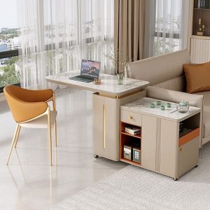 Bàn trà di động phiến đá gia đình xe trà nhỏ đẹp sang trọng hiện đại tối giản màu kem phong cách căn hộ nhỏ ban công Bàn trà và ghế - Hình 3