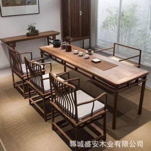 Bàn trà gỗ đặc phong cách Trung Quốc mới nhà trà dài 2 mét Bàn trà đầy đủ bộ bàn ghế trà cây du cũ Bàn trà Kung Fu - Hình 2