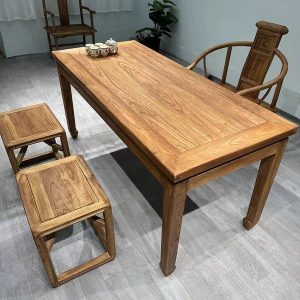 Bàn trà gỗ đặc phong cách Trung Quốc mới nhà trà dài 2 mét Bàn trà đầy đủ bộ bàn ghế trà cây du cũ Bàn trà Kung Fu - Hình 4
