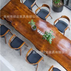 Bàn trà gỗ nguyên khối kiểu Trung Quốc mới với cạnh tự nhiên phiến gỗ pha trà Bàn ghế tiếp khách văn phòng Bàn trà Kung Fu - Hình 2