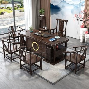 Bàn trà gỗ nguyên khối kiểu Trung Quốc – Trọn bộ bàn trà, tủ đựng đồ, phong cách truyền thống cho phòng khách