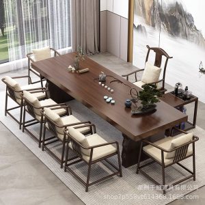 Bàn trà gỗ nguyên khối phong cách Trung Quốc mới trọn bộ phòng khách đơn giản Bàn trà tấm lớn văn phòng tại nhà Bàn trà pha trà bàn ghế - Hình 2