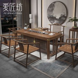Bàn trà gỗ nguyên khối và ghế Bàn trà văn phòng Bàn trà kiểu Trung Quốc mới một bộ Bàn trà cây du