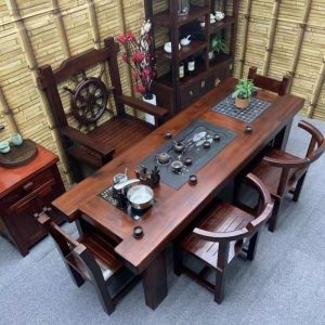 Bàn trà Gỗ thuyền Bàn trà gỗ và ghế phong cách Trung Quốc Bàn trà gia đình bằng gỗ nguyên khối Bàn trà kung fu trọn bộ Bàn trà tiếp khách văn phòng - Hình 2