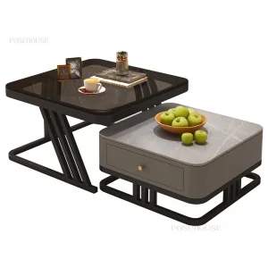 Bàn trà Hiện Đại Đơn Giản Đá phiến Bàn Phòng Khách Bàn Cà Phê Sang Trọng Hộ Gia Đình Vuông Kính Cường Lực Bên Bàn - Hình 2
