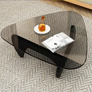 Bàn trà kính cường lực hình bầu dục tại nhà Phòng khách Bàn trung tâm Chân gỗ nguyên khối Bàn cà phê - Hình 2