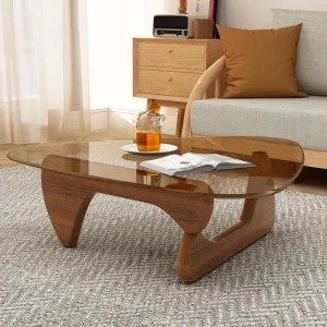Bàn trà kính cường lực hình bầu dục tại nhà Phòng khách Bàn trung tâm Chân gỗ nguyên khối Bàn cà phê