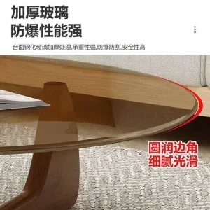 Bàn trà kính cường lực hình bầu dục tại nhà Phòng khách Bàn trung tâm Chân gỗ nguyên khối Bàn cà phê - Hình 4