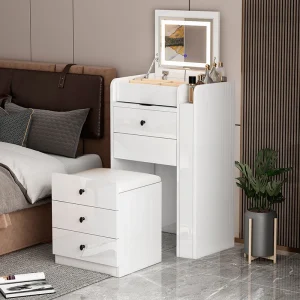 Bàn trang điểm bằng gỗ màu trắng hiện đại Gương phòng ngủ cho nữ thời trang Bàn trang điểm tối giản di động - Hình 2