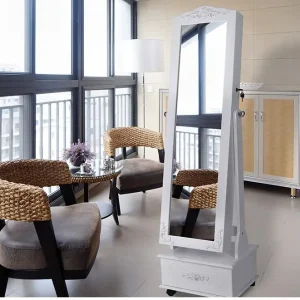 Bàn trang điểm Châu Âu Phòng Ngủ Xoay Dây Bánh Xe Di Động Ba Chiều Khắc Gương Tủ Nhà Bảo Quản Đồ Trang Sức Đầm Mirr - Hình 2