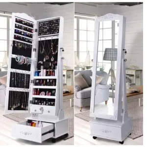 Bàn trang điểm Châu Âu Phòng Ngủ Xoay Dây Bánh Xe Di Động Ba Chiều Khắc Gương Tủ Nhà Bảo Quản Đồ Trang Sức Đầm Mirr - Hình 3