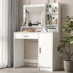 Bàn Trang điểm có Gương & Đèn, Ngăn kéo lớn & Tủ đựng đồ 3 tầng, 3 chế độ chiếu sáng Độ sáng có thể điều chỉnh, - Hình 3