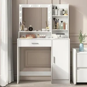 Bàn Trang điểm có Gương & Đèn, Ngăn kéo lớn & Tủ đựng đồ 3 tầng, 3 chế độ chiếu sáng Độ sáng có thể điều chỉnh,