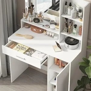 Bàn Trang điểm có Gương & Đèn, Ngăn kéo lớn & Tủ đựng đồ 3 tầng, 3 chế độ chiếu sáng Độ sáng có thể điều chỉnh, - Hình 4