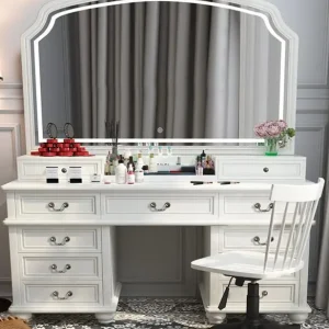 Bàn trang điểm Gỗ nguyên khối kích thước lớn dung tích lớn gương lớn có đèn lớn mô hình gia đình Mỹ sang trọng lưới màu đỏ bàn trang điểm