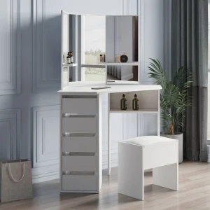 Bàn trang điểm góc Bàn trang điểm có gương 3 ngăn và 5 ngăn kéo Bàn trang điểm phòng ngủ bằng gỗ (Trắng) - Hình 2