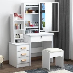 Bàn trang điểm Mới Phổ Biến Nhất Màu Trắng Góc Hollywood Vanity Nữ Bộ Phòng Ngủ Đa Năng Bàn Trang Điểm Tủ Có Gương - Hình 4