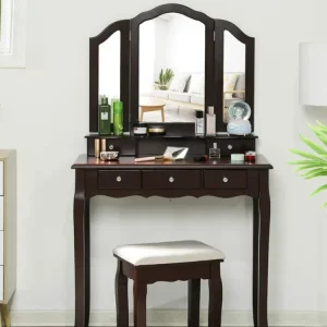 Bàn trang điểm Phòng Ngủ 5 Ngăn Kéo Bộ Bàn Trang Điểm Đệm Phân Vanity Trang Điểm Bàn Trang Điểm Ngăn Kéo Có Gương Gấp Ba - Hình 2
