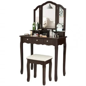 Bàn trang điểm Phòng Ngủ 5 Ngăn Kéo Bộ Bàn Trang Điểm Đệm Phân Vanity Trang Điểm Bàn Trang Điểm Ngăn Kéo Có Gương Gấp Ba