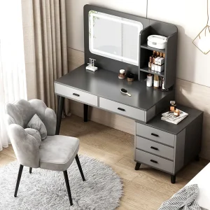 Bàn Trang Điểm Tích Hợp Đèn LED Chiếu Sáng 6 Ngăn Kéo Tối Giản Phòng Ngủ Tủ Bảo Quản Trang Điểm Bàn Trang Điểm Nội Thất - Hình 2