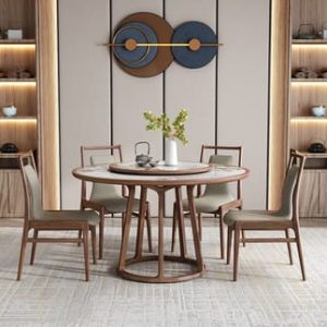 Bàn tròn gỗ óc chó rắn màu đen mới của Trung Quốc ánh sáng sang trọng cao cấp ánh sáng đèn pandora tròn bàn ăn và ghế kết hợp