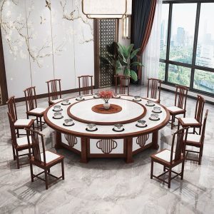Bàn xoay điện khách sạn kiểu Trung Quốc mới bàn tròn lớn 15 người 20 người kết hợp bàn lẩu xoay tự động và ghế