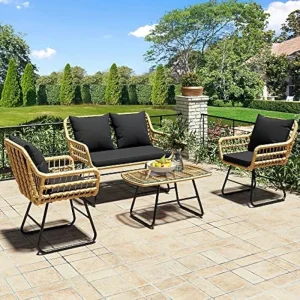 Bộ 4 Đồ Sân Trong Bộ Wicker Ngoài Trời Bistro, Cuộc Trò Chuyện Mây Trong Mọi Thời Tiết Ghế Loveseat Cho Sân Sau, Ban Công - Hình 2