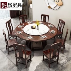 Bộ bàn ăn gỗ mun kiểu trung hoa 1 bàn 8 ghế có bàn xoay home 1.4m1.6m bán buôn bộ bàn ghế ăn tròn gỗ nguyên khối