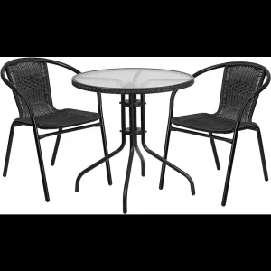 Bộ bàn ăn VHPVHP,Bàn kim loại kính tròn,có viền mây,2 Ghế xếp mây, 28'' (mặt ng/mây đen) - Hình 2