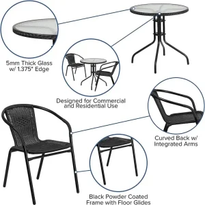 Bộ bàn ăn VHPVHP,Bàn kim loại kính tròn,có viền mây,2 Ghế xếp mây, 28'' (mặt ng/mây đen) - Hình 3