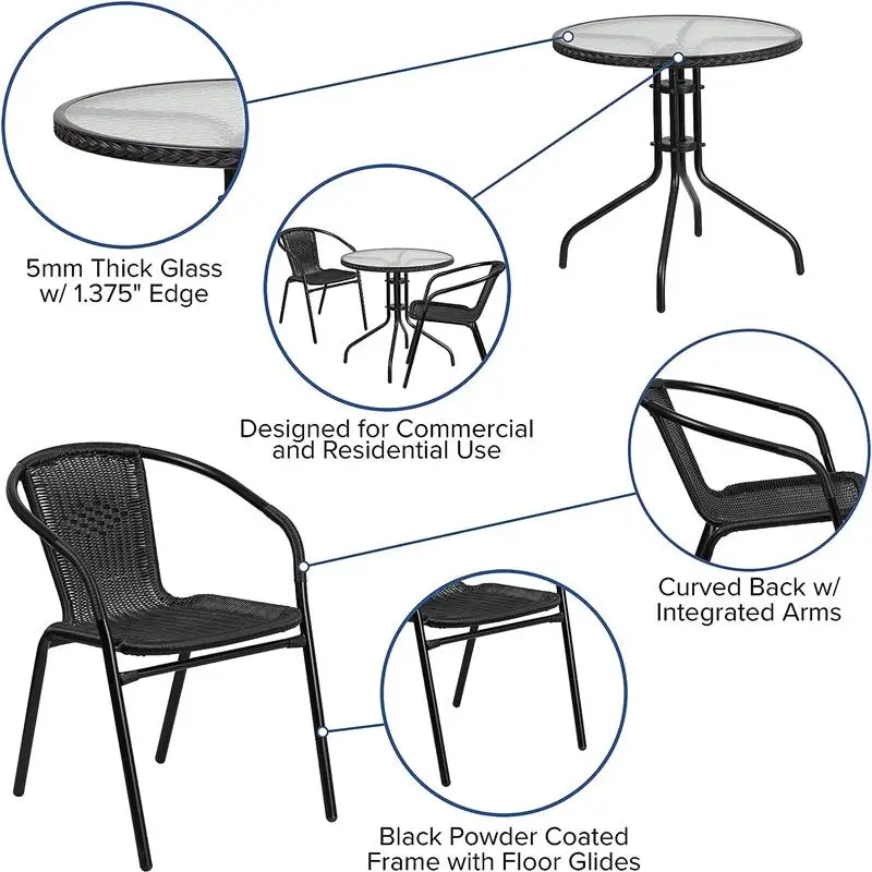 Bộ bàn ăn VHPVHP,Bàn kim loại kính tròn,có viền mây,2 Ghế xếp mây, 28'' (mặt ng/mây đen) - Hình 3 Bộ bàn ăn VHPVHP,Bàn kim loại kính tròn,có viền mây,2 Ghế xếp mây, 28'' (mặt ng/mây đen) - Hình 3