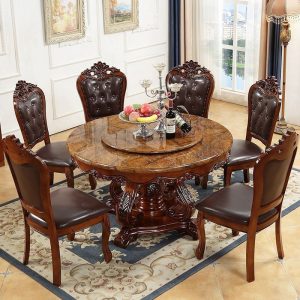Bộ bàn ghế ăn Âu kết hợp bàn tròn mặt đá hoa cương bàn xoay Bàn ăn gỗ nguyên khối Mỹ bàn ăn tròn tại nhà cho 6 người và 8 người - Hình 4