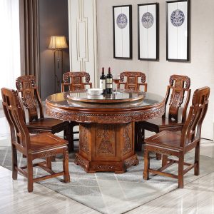 Bộ bàn ghế ăn bằng gỗ nguyên khối kết hợp nhà chạm khắc cổ Trung Quốc với bàn xoay bàn tròn bàn ăn 10 bàn tròn