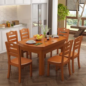 Bộ bàn ghế ăn gỗ đặc kết hợp kính gấp hộ gia đình 4 người 6 người Bàn ăn tròn đơn giản kiểu Trung Quốc gỗ cao su gia đình - Hình 2