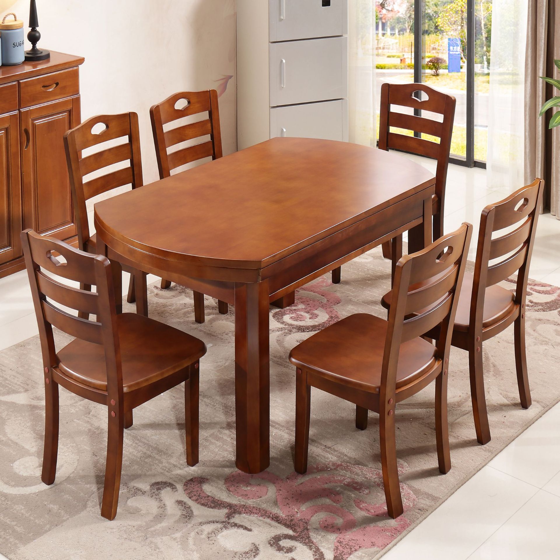 Bộ bàn ghế ăn gỗ đặc kết hợp kính gấp hộ gia đình 4 người 6 người Bàn ăn tròn đơn giản kiểu Trung Quốc gỗ cao su gia đình - Hình 3 Bộ bàn ghế ăn gỗ đặc kết hợp kính gấp hộ gia đình 4 người 6 người Bàn ăn tròn đơn giản kiểu Trung Quốc gỗ cao su gia đình - Hình 3