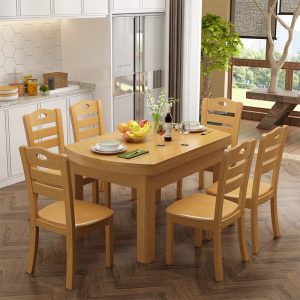 Bộ bàn ghế ăn gỗ đặc kết hợp kính gấp hộ gia đình 4 người 6 người Bàn ăn tròn đơn giản kiểu Trung Quốc gỗ cao su gia đình