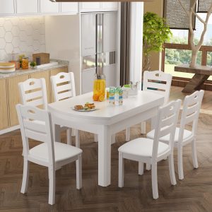 Bộ bàn ghế ăn gỗ đặc kết hợp kính gấp hộ gia đình 4 người 6 người Bàn ăn tròn đơn giản kiểu Trung Quốc gỗ cao su gia đình - Hình 4