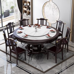 Bộ bàn ghế ăn kết hợp bàn đá kiểu Trung Quốc mới Bàn tròn khách sạn 10 người Bàn ăn 2m có bàn xoay 1,8m bàn ăn gỗ nguyên khối - Hình 2