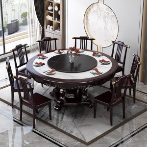 Bộ bàn ghế ăn kết hợp bàn đá kiểu Trung Quốc mới Bàn tròn khách sạn 10 người Bàn ăn 2m có bàn xoay 1,8m bàn ăn gỗ nguyên khối - Hình 3