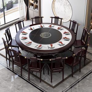 Bộ bàn ghế ăn kết hợp bàn đá kiểu Trung Quốc mới Bàn tròn khách sạn 10 người Bàn ăn 2m có bàn xoay 1,8m bàn ăn gỗ nguyên khối