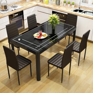 Bộ bàn ghế ăn kết hợp nhà chung cư nhỏ 4 người 6 người bàn ăn hình chữ nhật bàn ăn kính cường lực đơn giản hiện đại